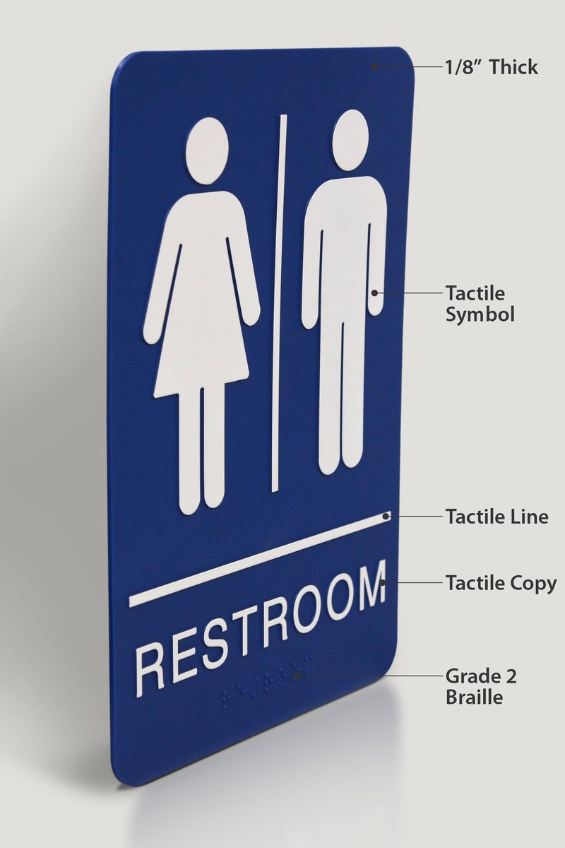 Headline Sign 5212 Women and Menâ€™s Restroom ADA Sign with Grade 2 Braille and Tactile Graphics, 6" x 9", Blue/White, Made in USA - Image 4